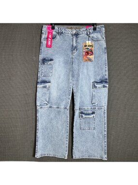 VIP Jeans Womens Size 15/16 Blue Sculpting Stretch Cargo Denim Pants Acid Wash.